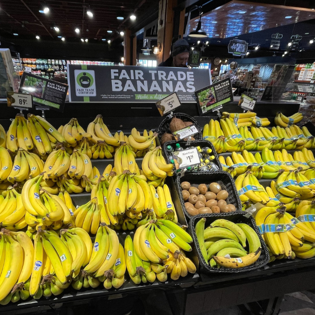 Display of Fair Trade Certified bananas in a grocery store