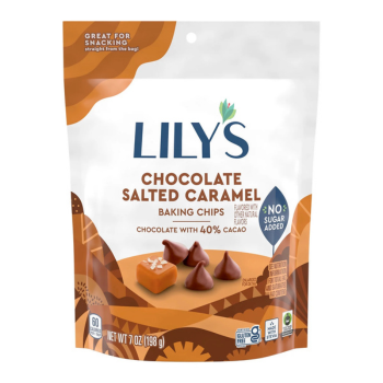 Chips para hornear sin azúcar agregada con sabor a caramelo salado y chocolate Lily