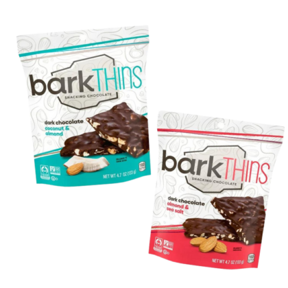 Two bags of Bark Thins chocolate snacking bark.