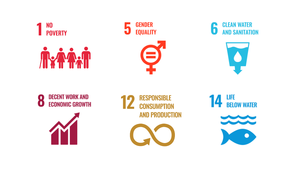Icons of the six SDGs that Fair Trade Directly Supports: SDGs 1, 5, 6, 8, 12, 14