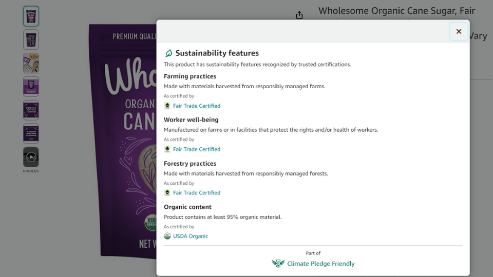 A snapshot of the product description of Wholesome Sugar on Amazon, featuring the Fair Trade Certified badge as part of Amazon's Climate Pledge Friendly program.