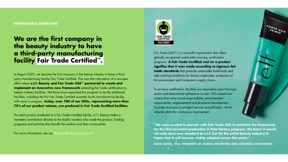 A page from elf Beauty's 2023 CSR Report showcasing its Fair Trade Factory sourcing commitments